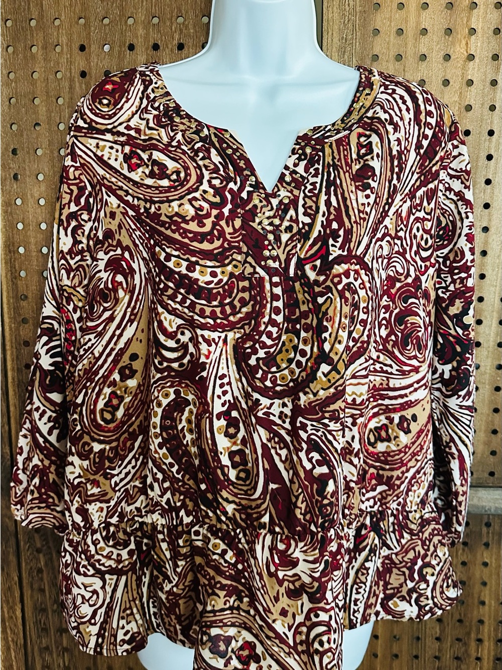 Rafaella Burgundy & Tan Paisley V-Neck Tunic Size XL